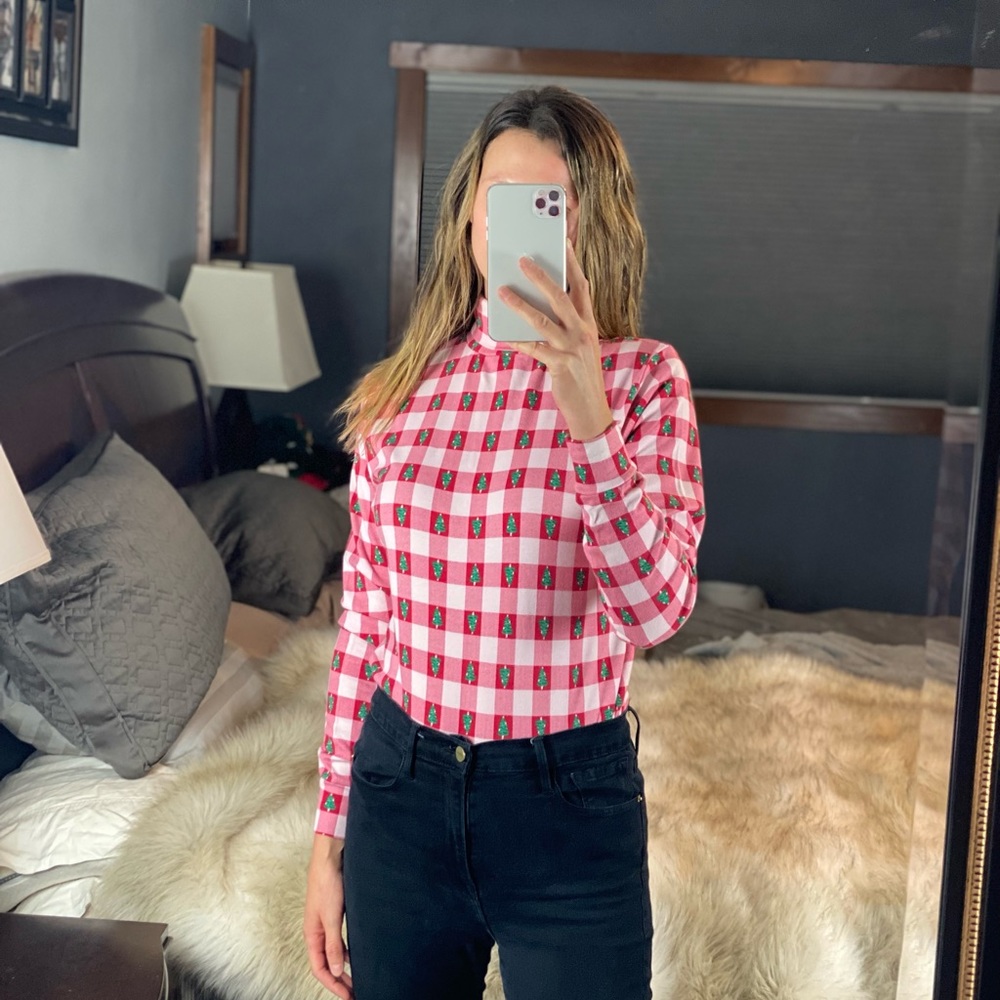 Westbound Plaid Christmas Tree Long Sleeve Turtleneck Blouse, Medium